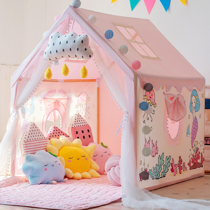 Princess Pink Square Play Tent with Windows and Skylight for Indoor Play