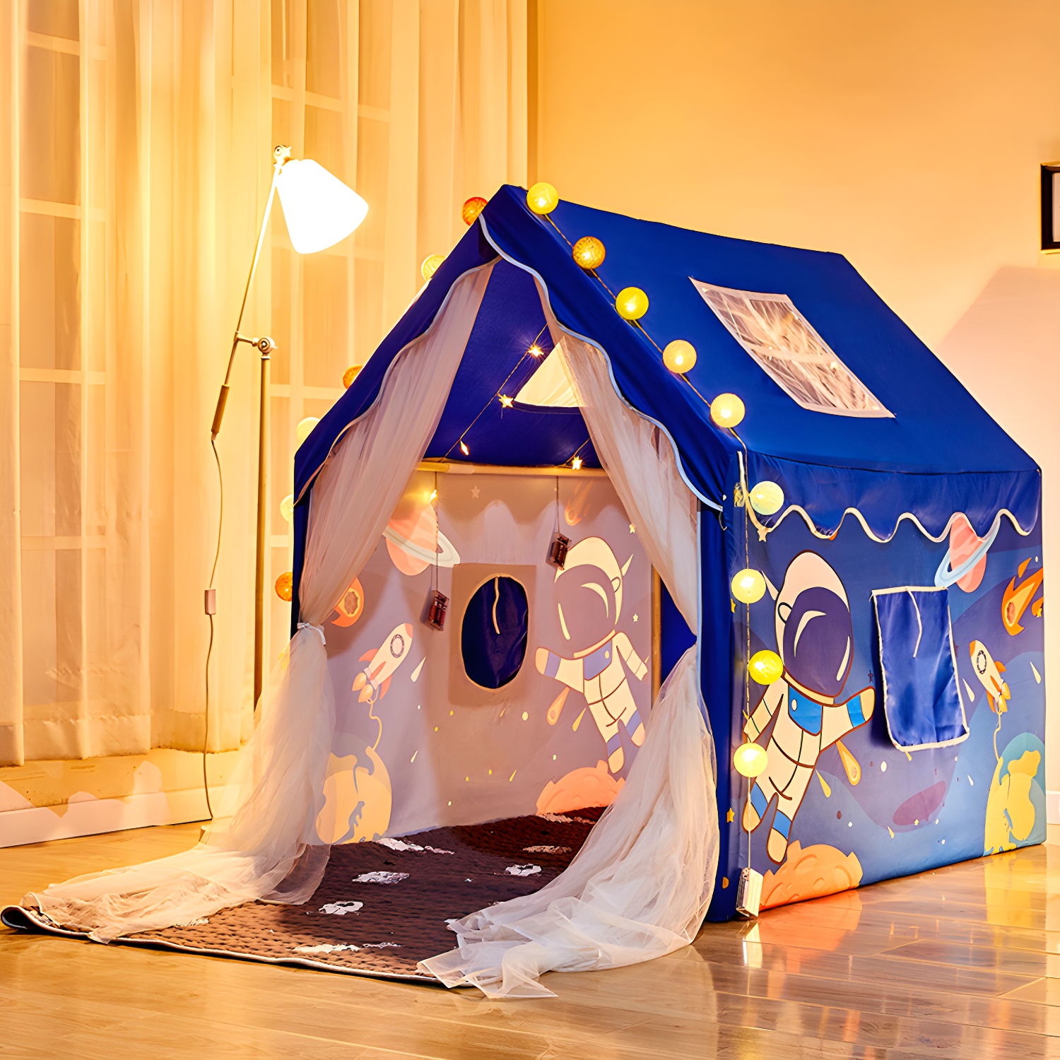 Cozy Square Play Tent with Windows and Lights, Perfect for Indoor Fun