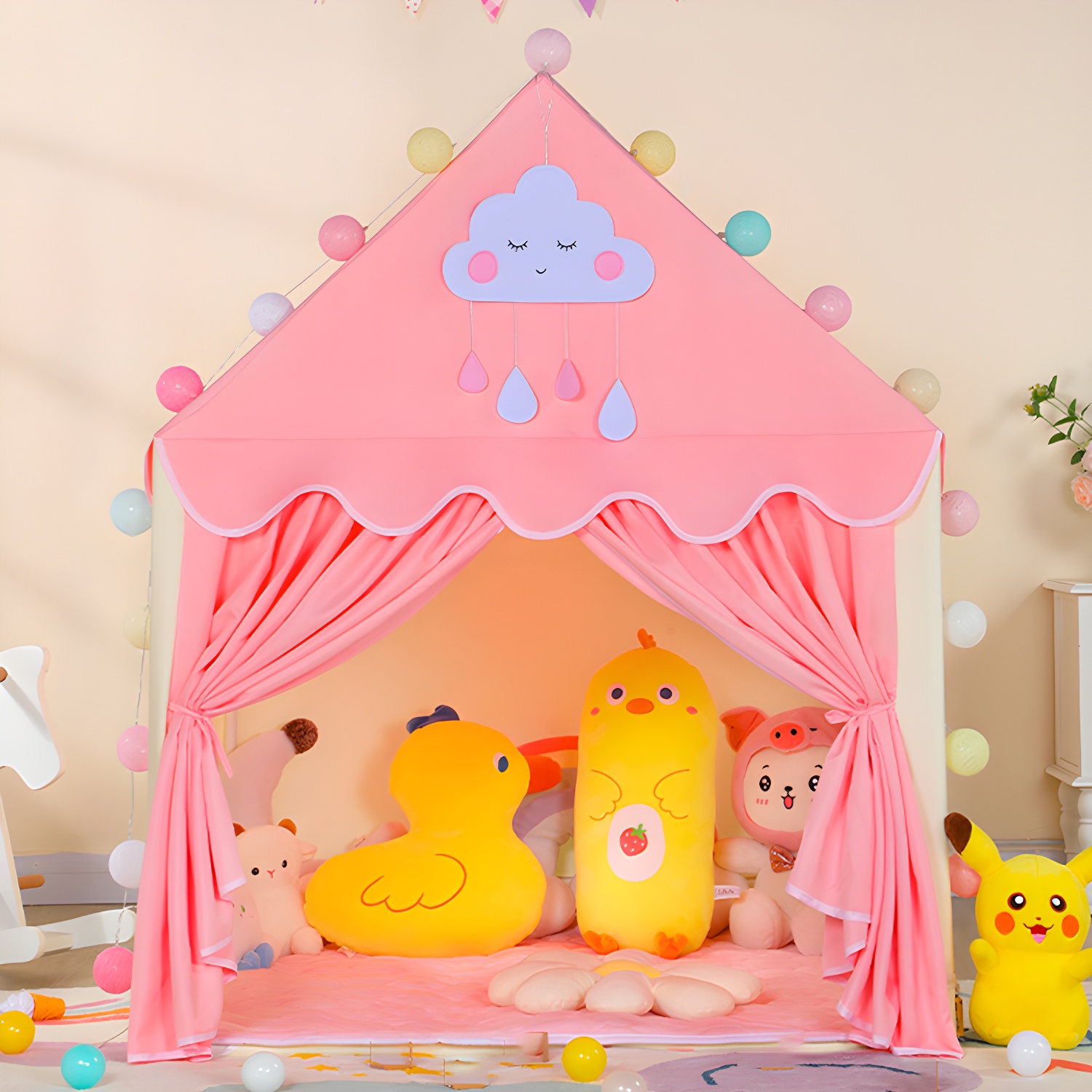 Medium-Size Fabric Playhouse with Windows and Lights for Indoor and Outdoor Use