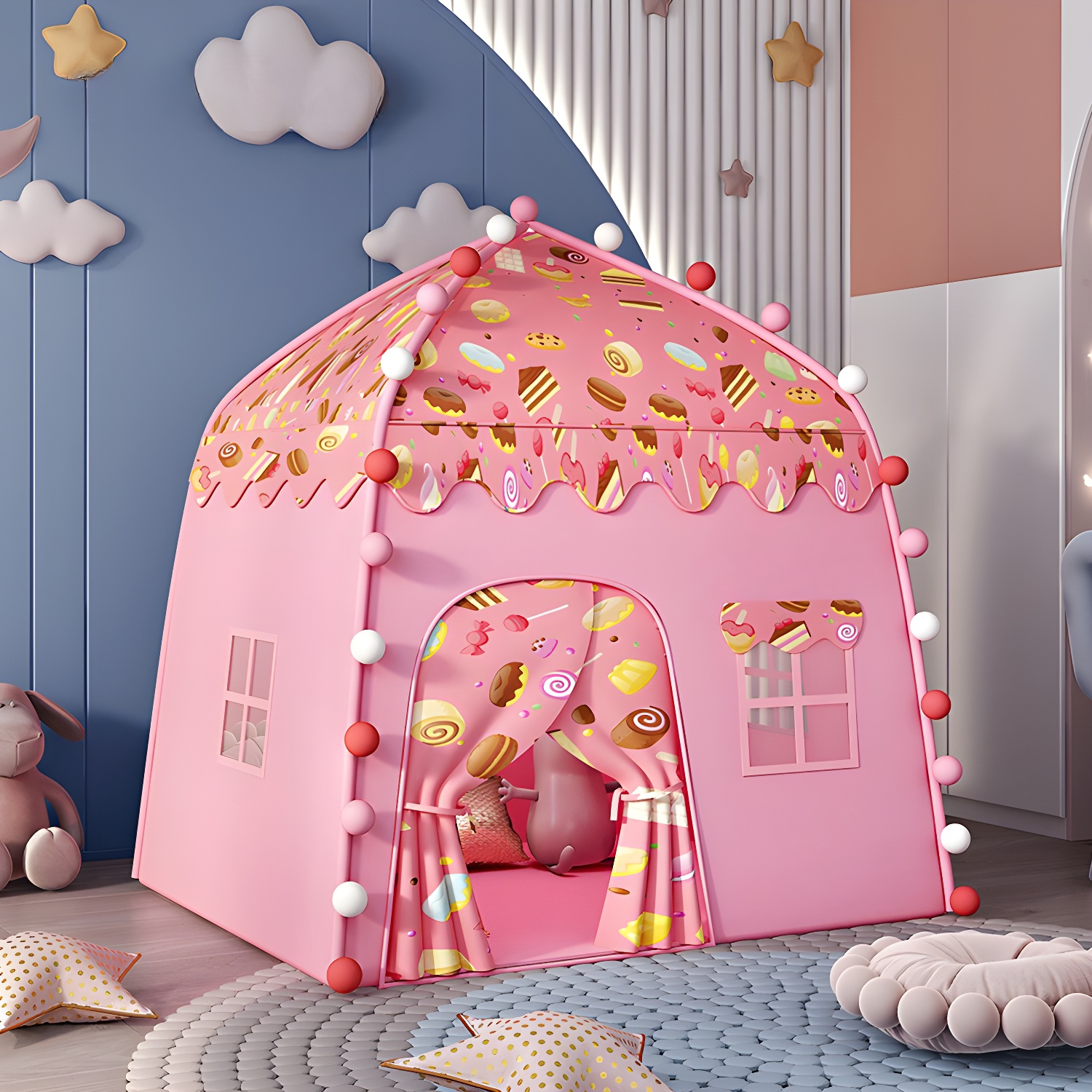 Modern Style Assembly Needed Play Tent with Windows and Medium Size for Indoor/Outdoor Play