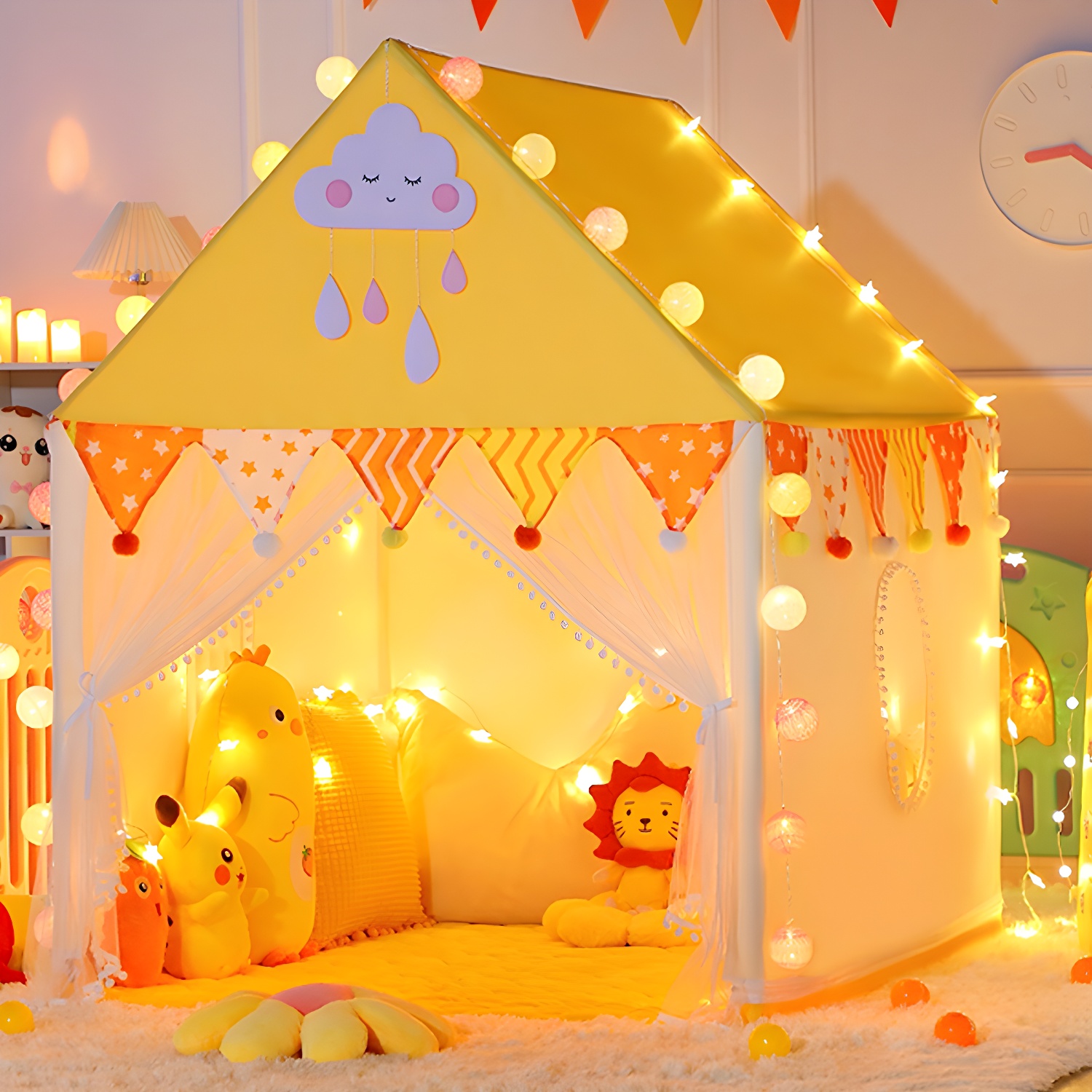 Yellow Triangle Play Tent with Lights and Windows for Indoor/Outdoor Use