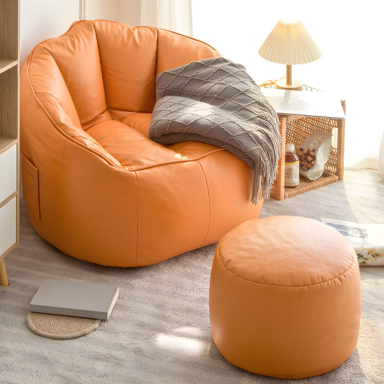 Cozy Waterproof Faux Leather Bean Bag Chair with Removable Zippered Cover