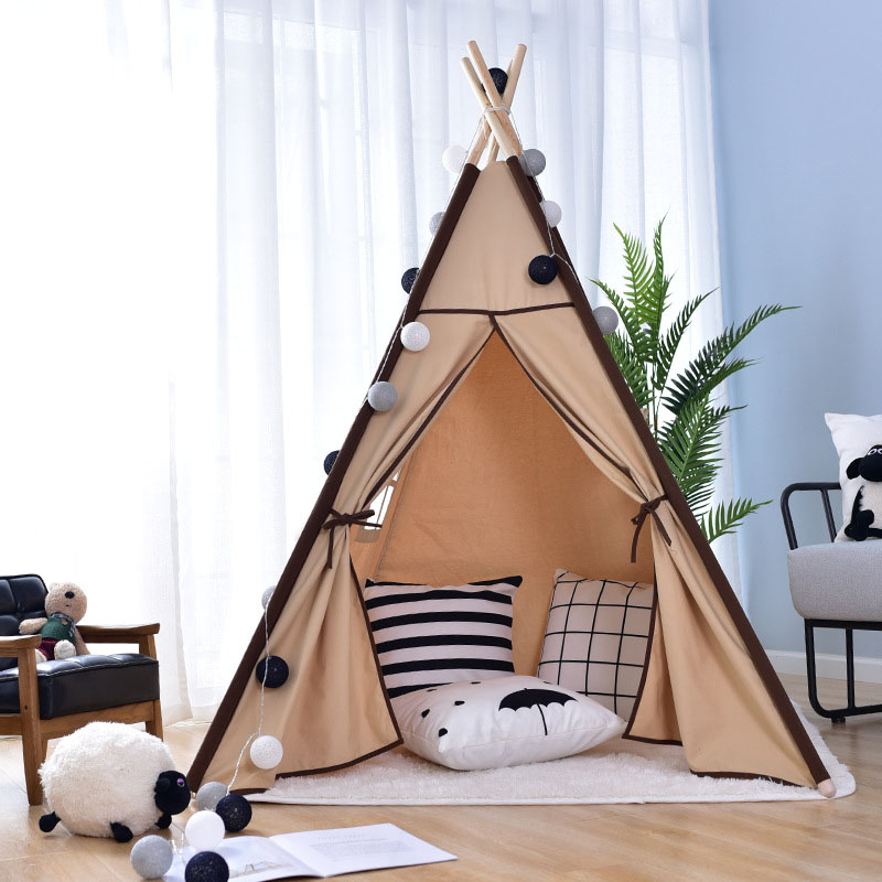 Modern Brown Triangle Canvas Play Tent with Included Windows and Lights