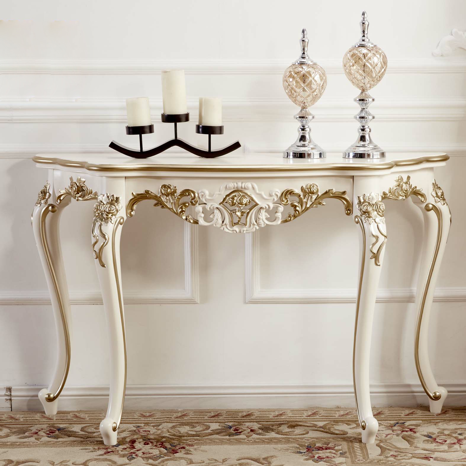 Wood White Free Form Console Table with 4 Legs in a Luxury Style