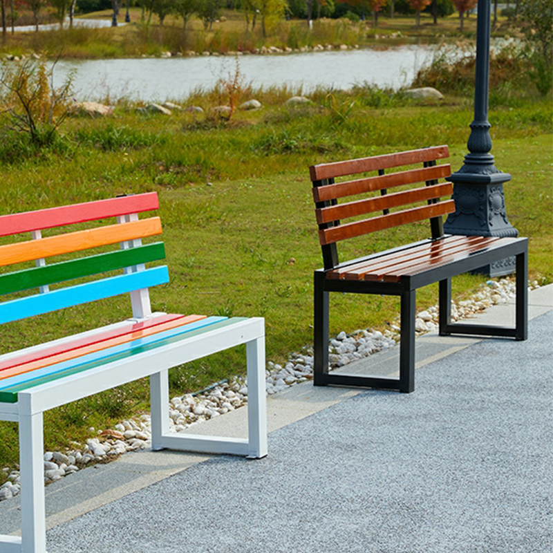 Classic and Waterproof Metal Park Bench with Brown Wood Seat and Backrest