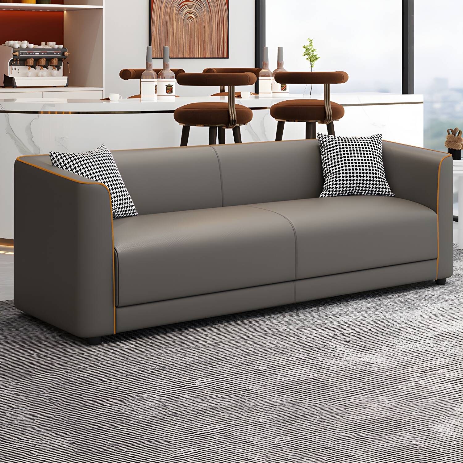 Minimalist Synthetic Leather Olive Green/Grey/Orange Upholstered Floor Sofa