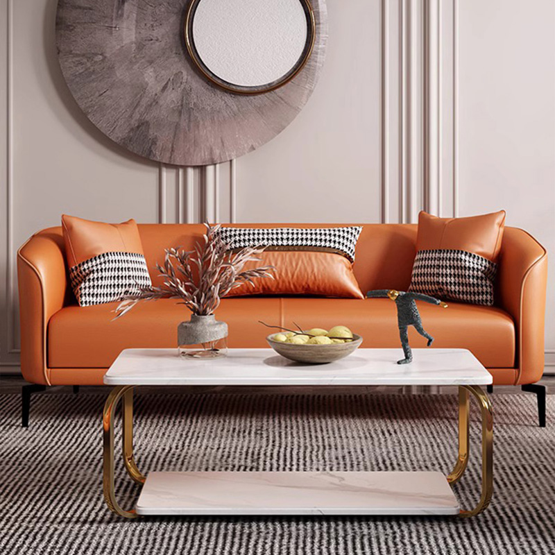 Contemporary Orange/Blue Leather Upholstered Sofa with Wood Frame and Metal Legs