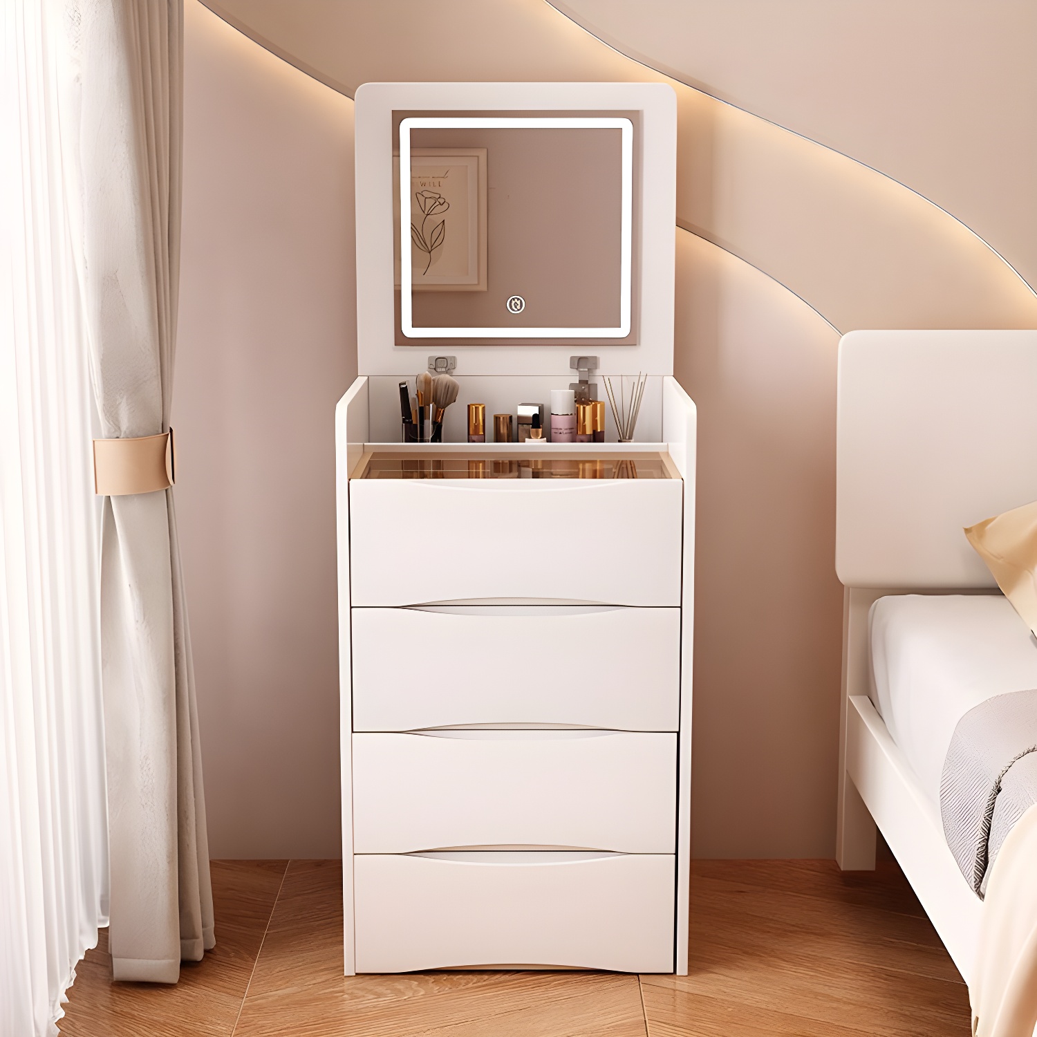 Modern Wood Makeup Vanity & Stools, Small Size Glass Top, Under 30 inches, 3 Drawers Included, White