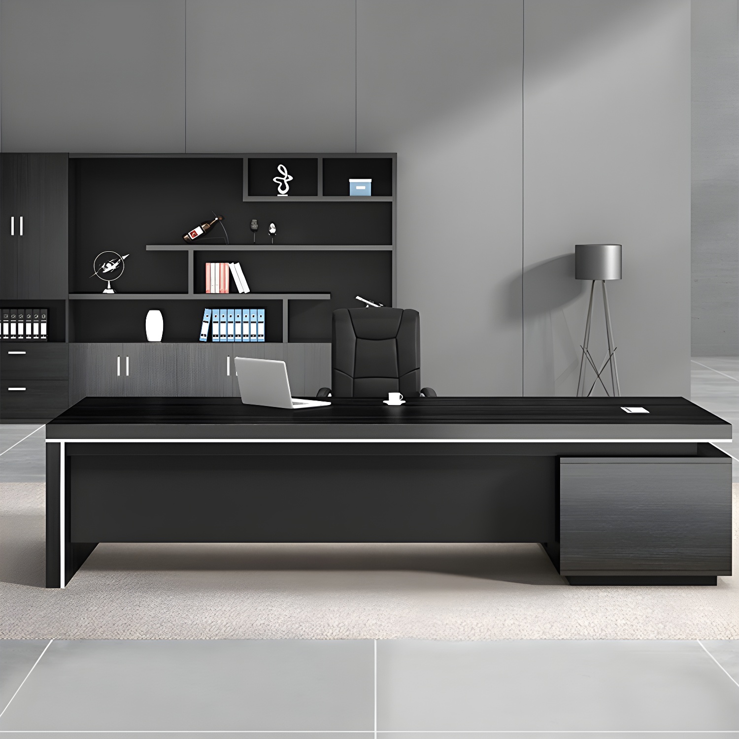 Long Deep Pedestal Base L-Shape Modern Black Executive Desk with Drawers and Exterior Shelves