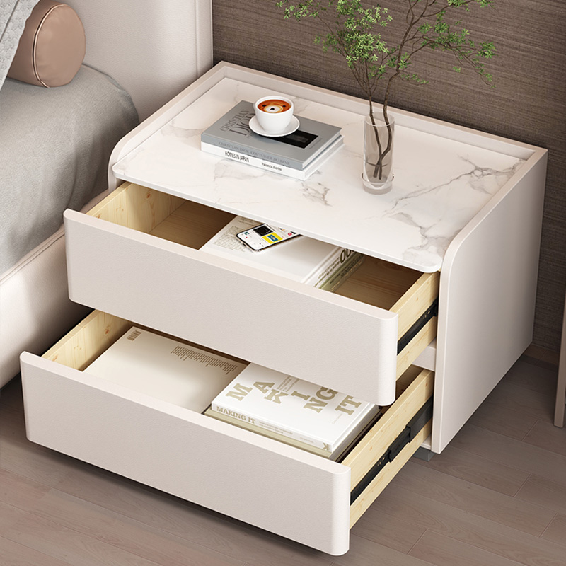 Modern Wood Nightstand with 2 Drawers and Faux Leather for Bedroom