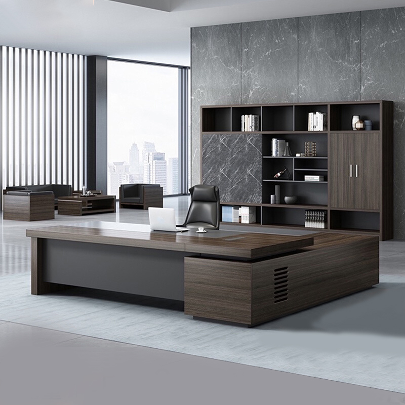 Long Executive Desk Brown Modern Design No Cabinet Full Assembly Required