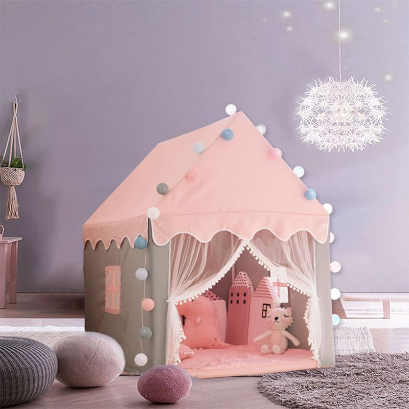 Solid Colour Square Fabric Play Tent with 2 Windows and Lights Included for Indoor Play