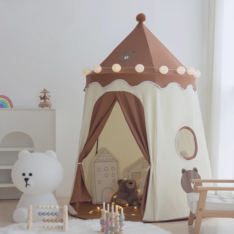 Castle-themed Round Fabric Play Tent with 2 Windows and 5 Poles