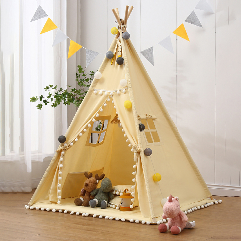Modern Solid Wood Triangle Play Tent with Windows and Lights for Indoor Fun