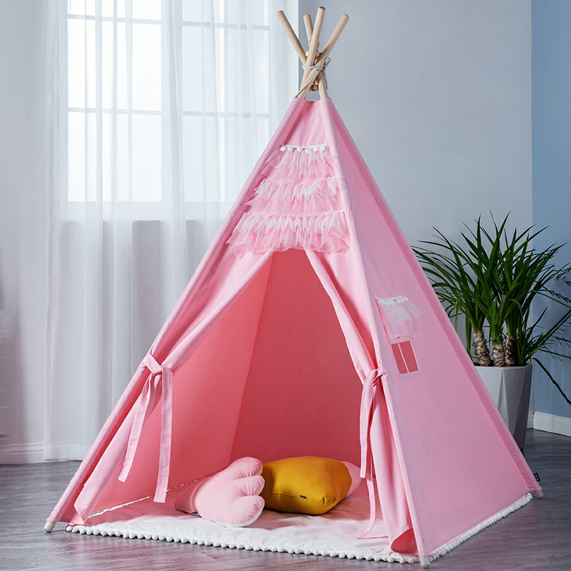 Triangle-shaped Pink Canvas Play Tent with Windows and Foldable Design for Outdoor Use