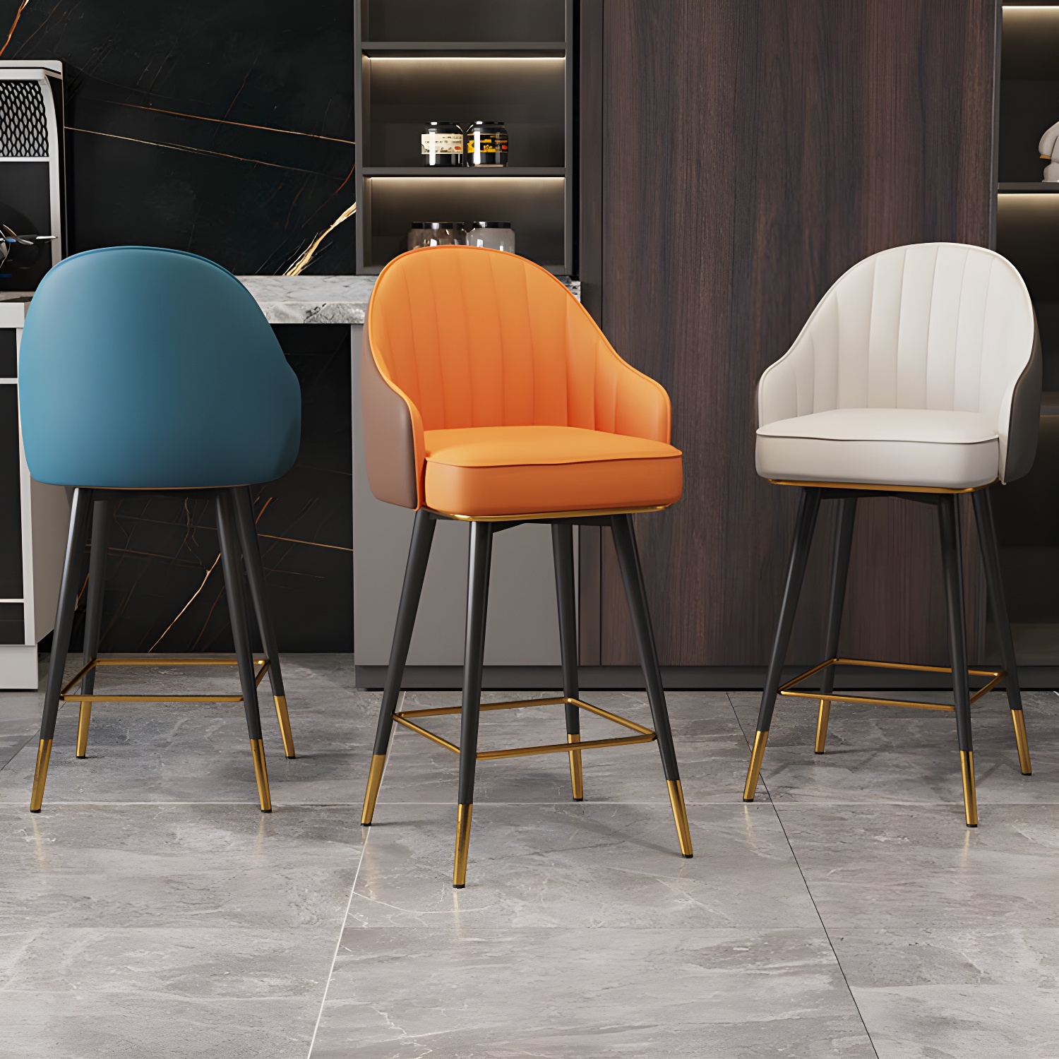 Glam Black Rectangle Seat Bar Stool with Armrests and Faux Leather Upholstery, Metal Frame