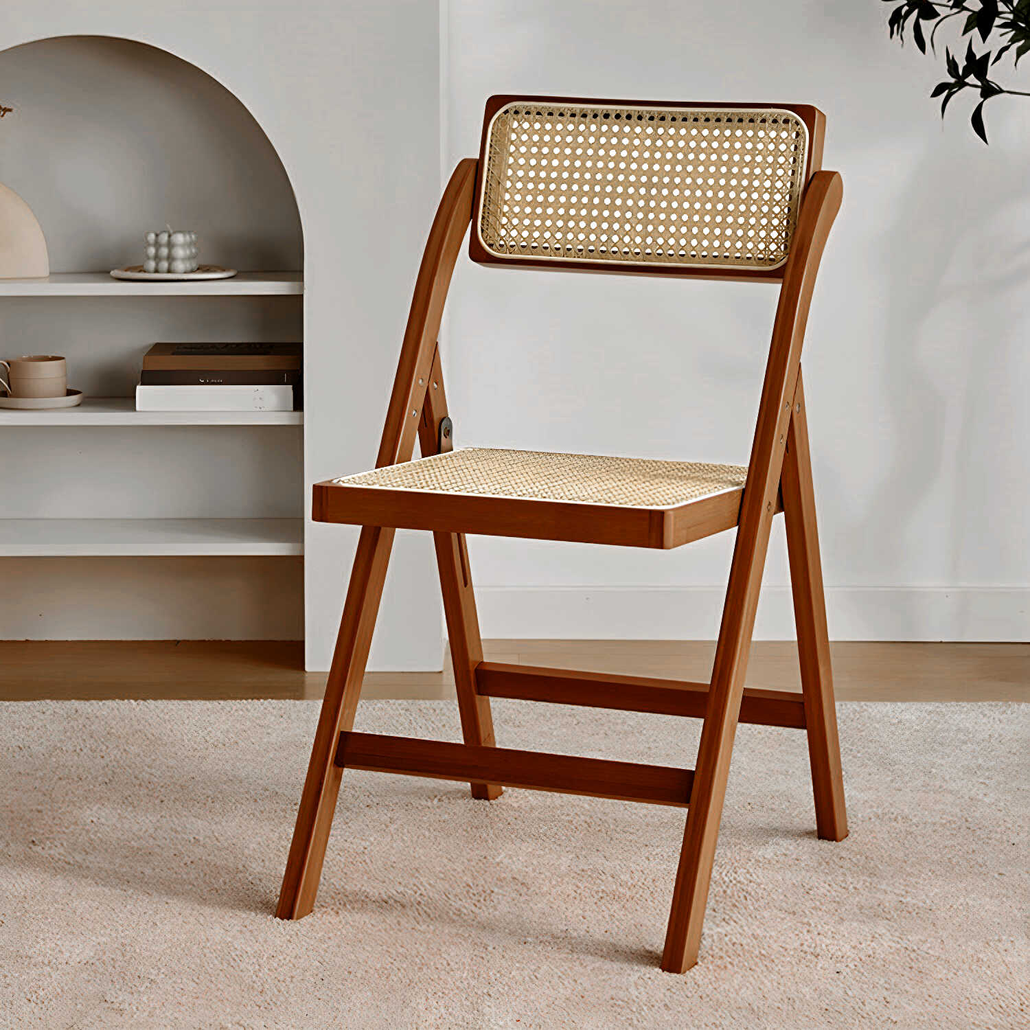 Scandinavian Low-Back Foldable Side Chair in Wicker & Rattan with Wood Legs