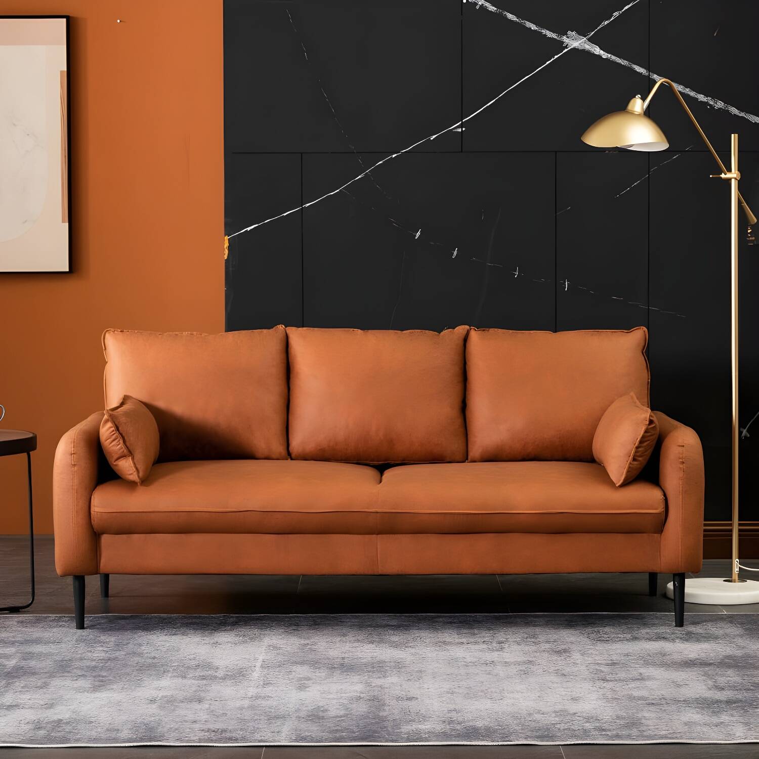 Minimalist Grey/Tangerine Colour/Off-White Solid Colour Sofa with Pillow Back for 3