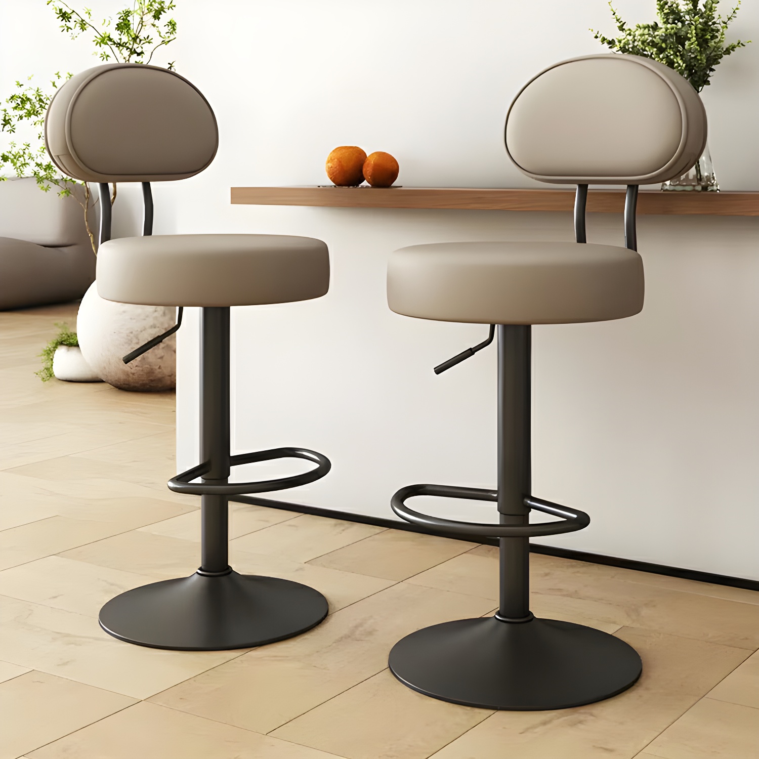 Elegant Adjustable Height Round Leather Bar Stool with Low Back