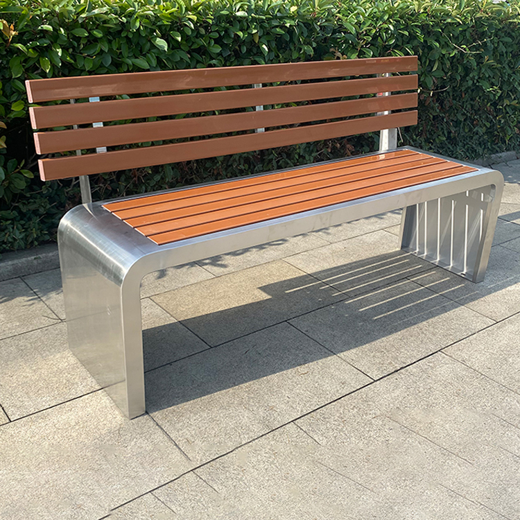 Waterproof Stainless Steel Park Bench with Brown Wood Seating for Outdoor Use