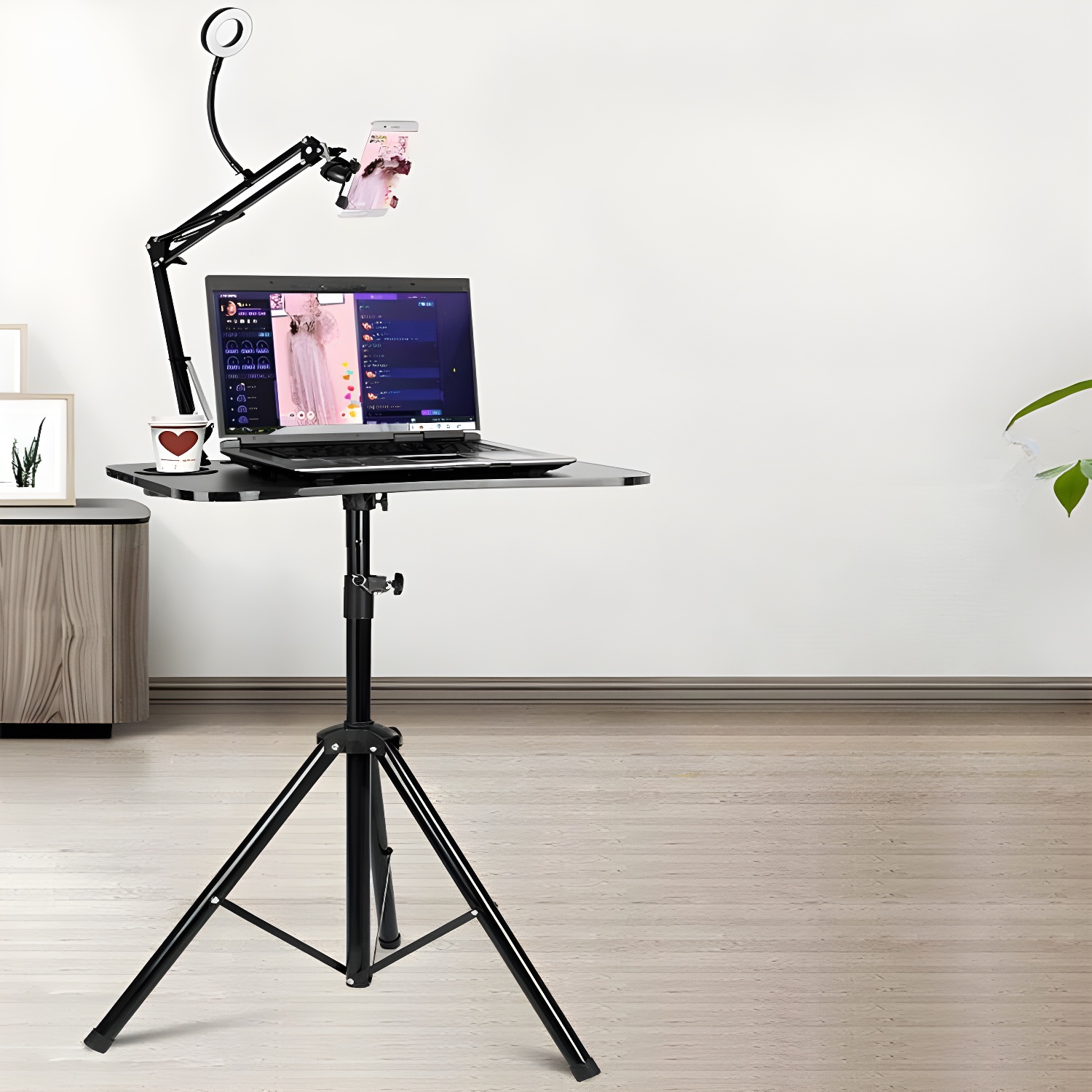 Modern Black Laptop Stand, Height Adjustable, Legs Included, Convenient Mobility