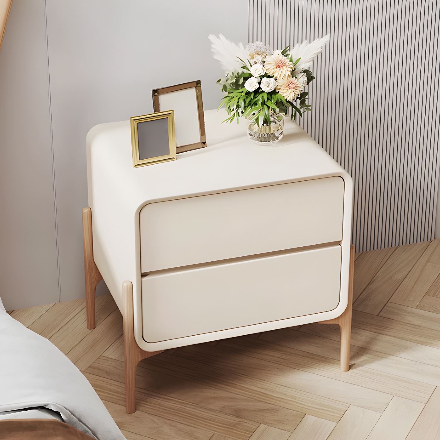 Scandinavian Style Wood Nightstand with 2 Drawers and Small Size, Brown Finish