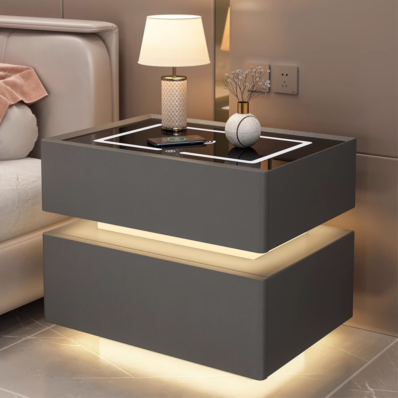 Modern Pine Wood Nightstand with Glass Top and Lighting in Small Size