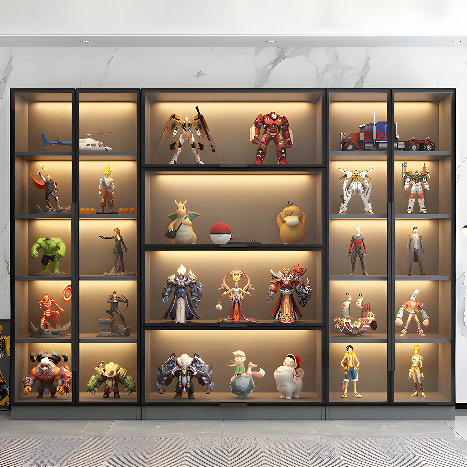 Grey Wood Modern China Cabinet with Glass Doors & Non-Adjustable Shelves