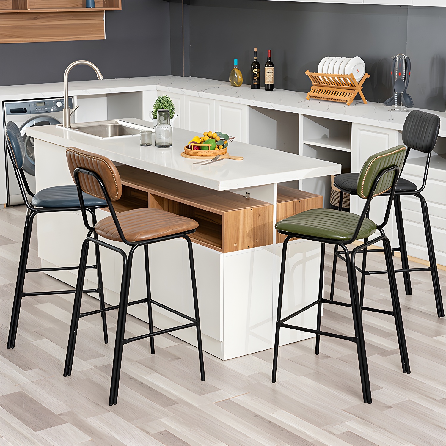 Saddle Leather Industrial Bar Stool with Footrest and Height Reserve Installation Holes