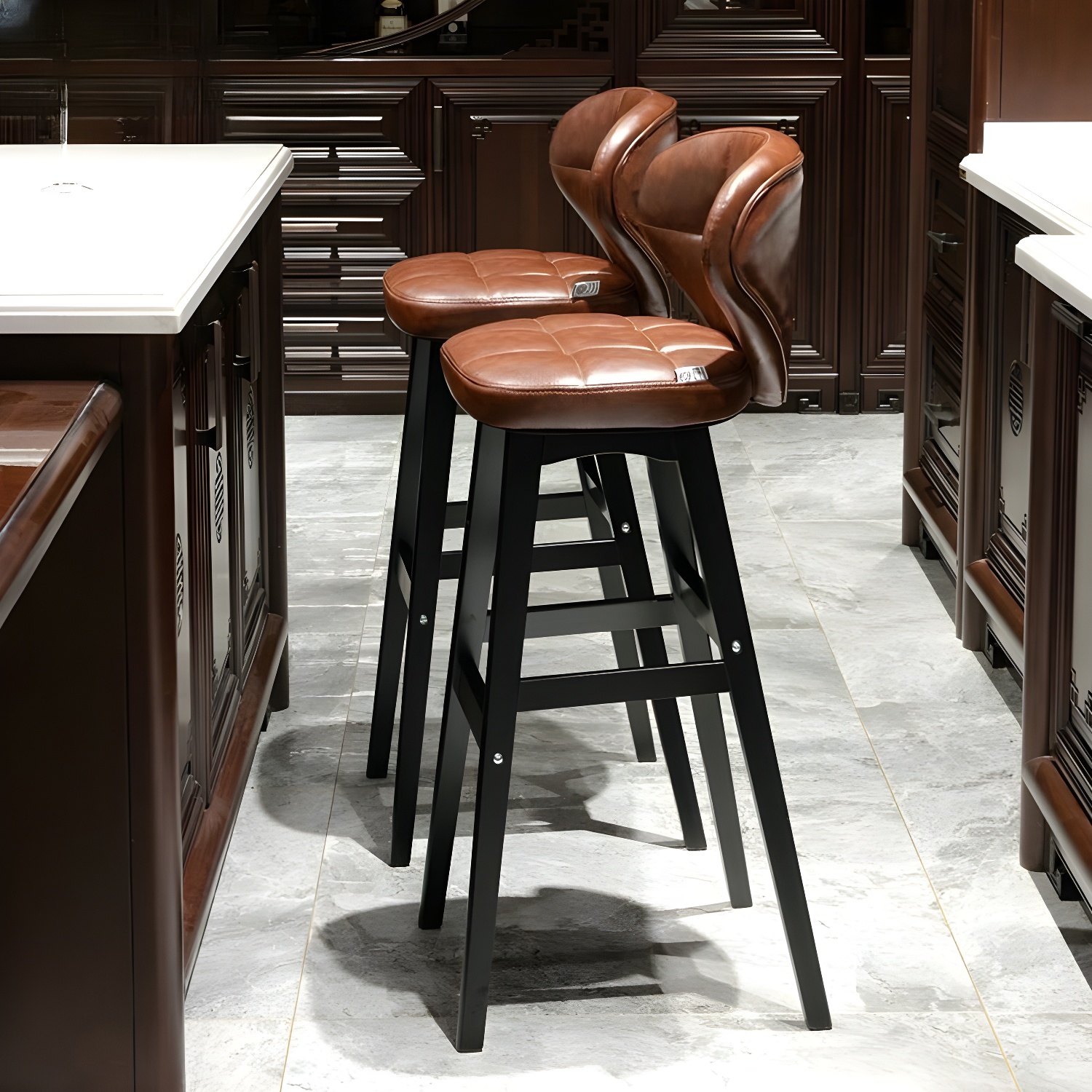 Leather Wood Low Back Bar Stool with Four Leg Base and Footrest