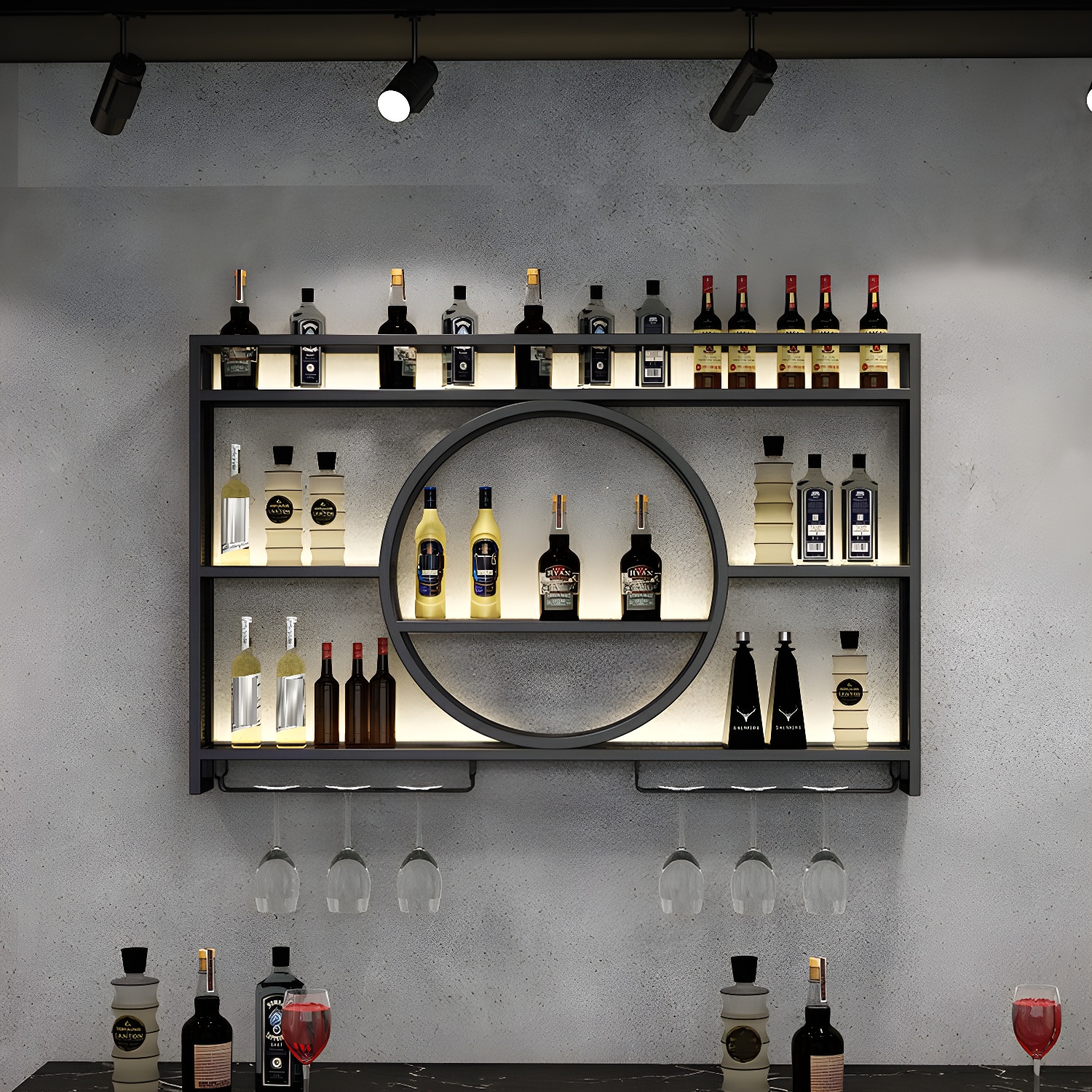 Illuminated Metal Floating Mount Wine Bottle & Glass Rack with Shelves