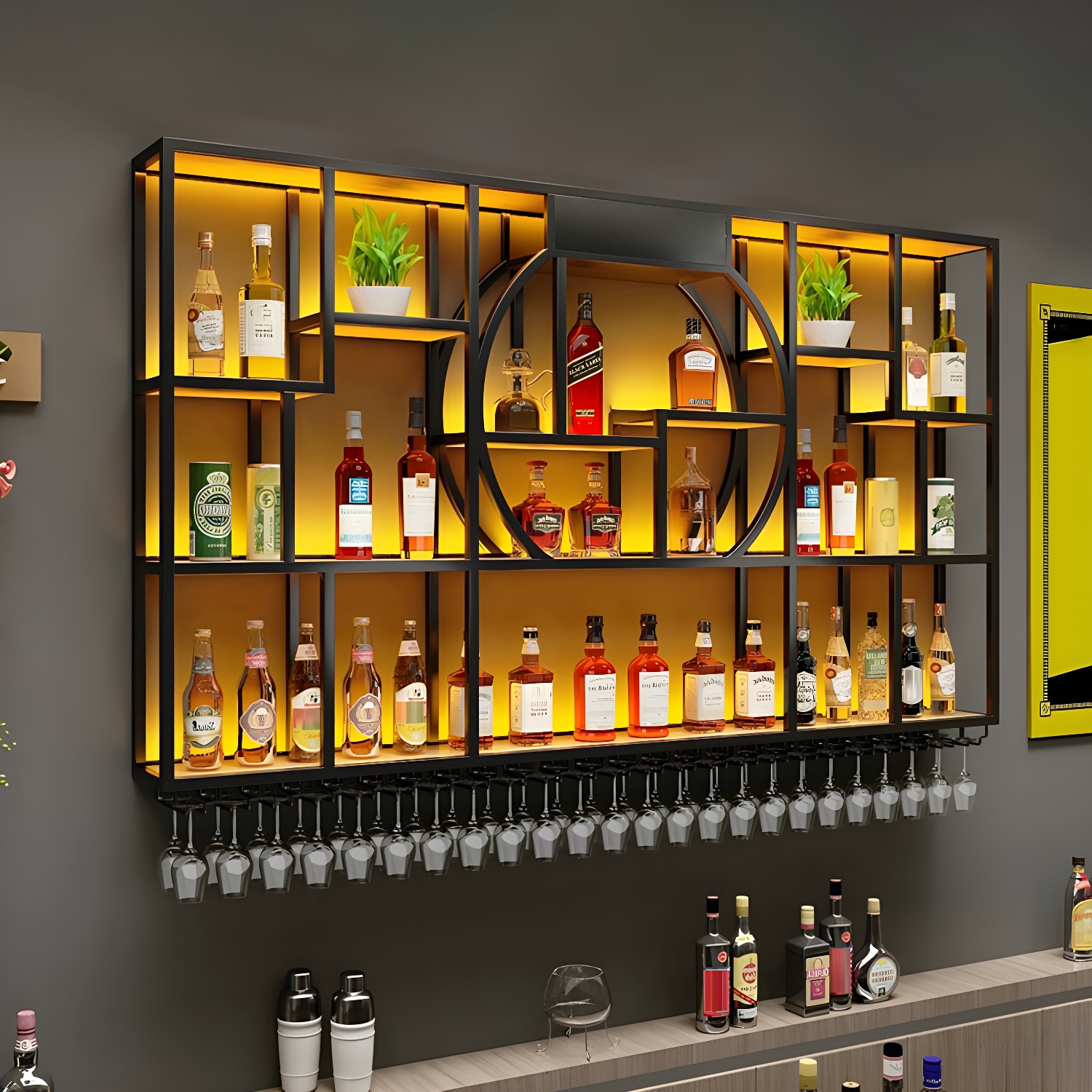 Metal Large-Capacity Industrial Wine Bottle & Glass Rack With Shelves, Black Floating Mounted Design