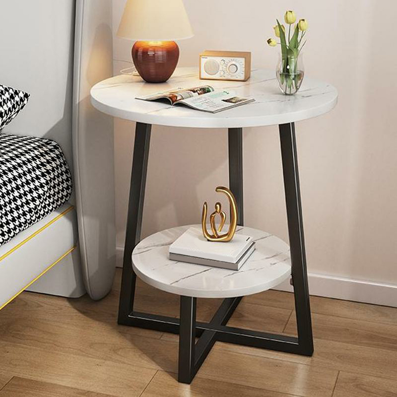 Modern Round End & Side Table Only with Metal Cross Legs and Storage Shelf