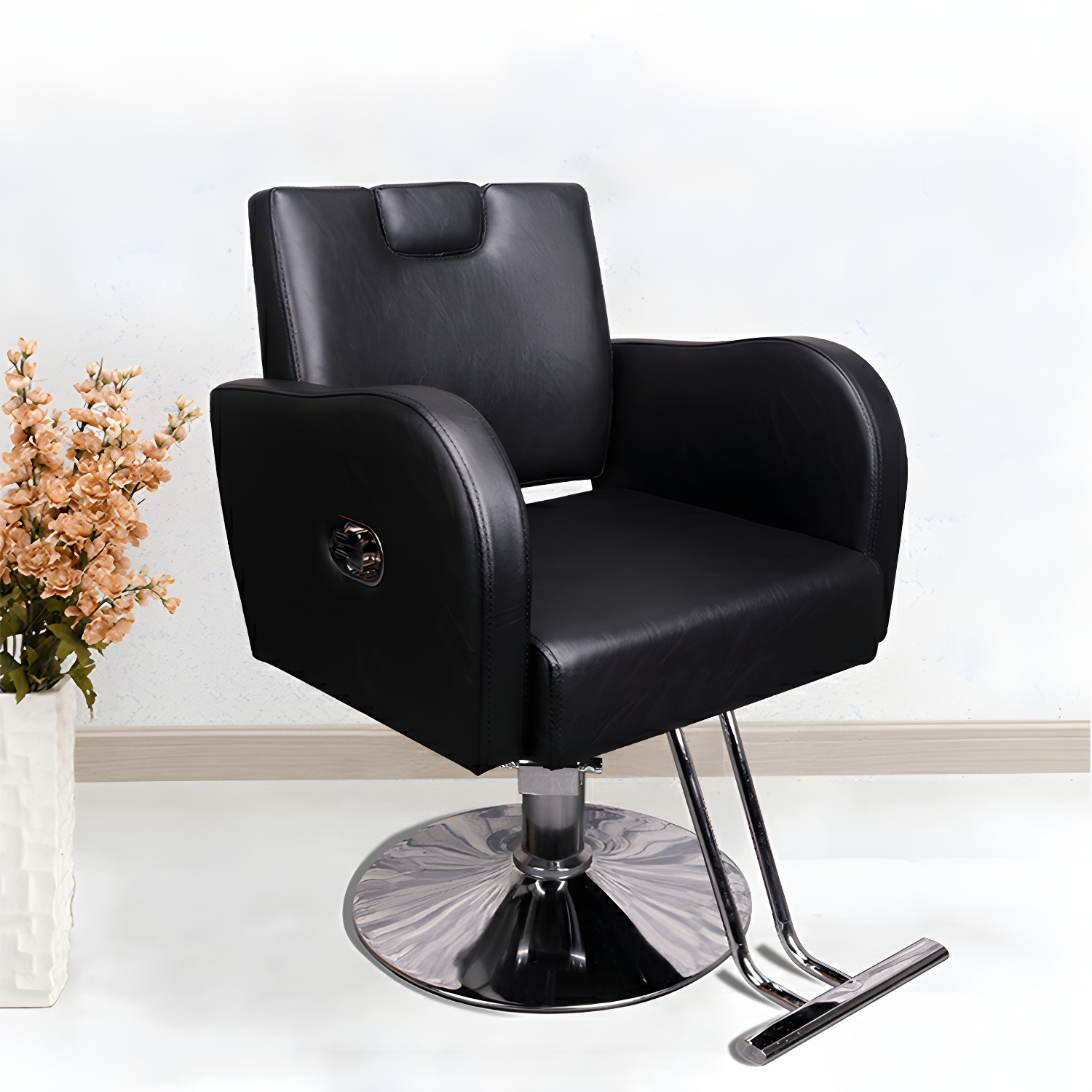 Modern Solid Wood L-Shaped Styling Chair with Swivel and Ottoman for Hair Salon