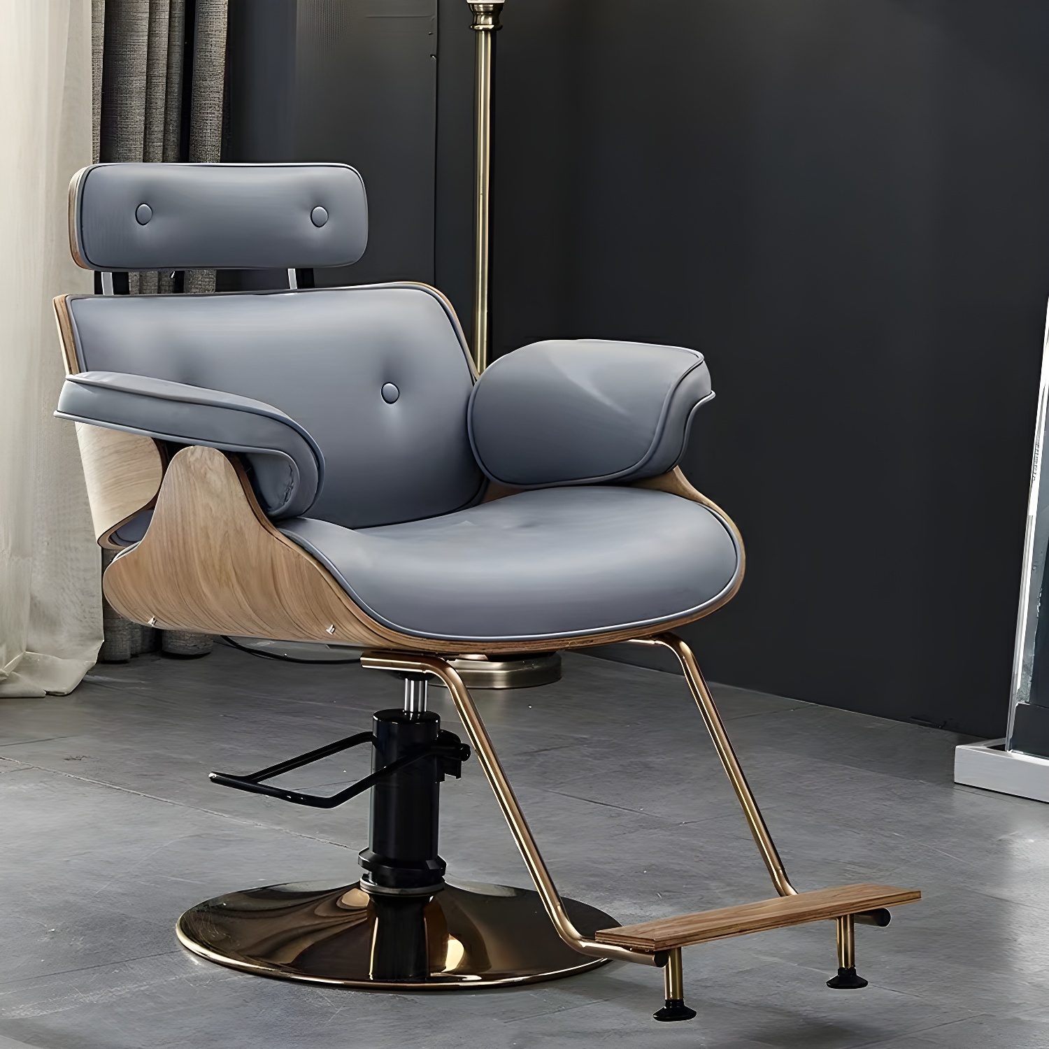 Wooden Faux Leather Styling Chair with Swivel Movement and Adjustable Footrest for Hair Salon