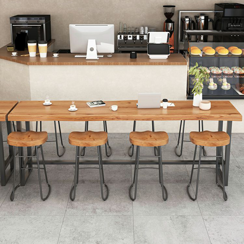 Rectangular Scandinavian Bar Table with Brown Wood Top and Black Iron Trestle Base