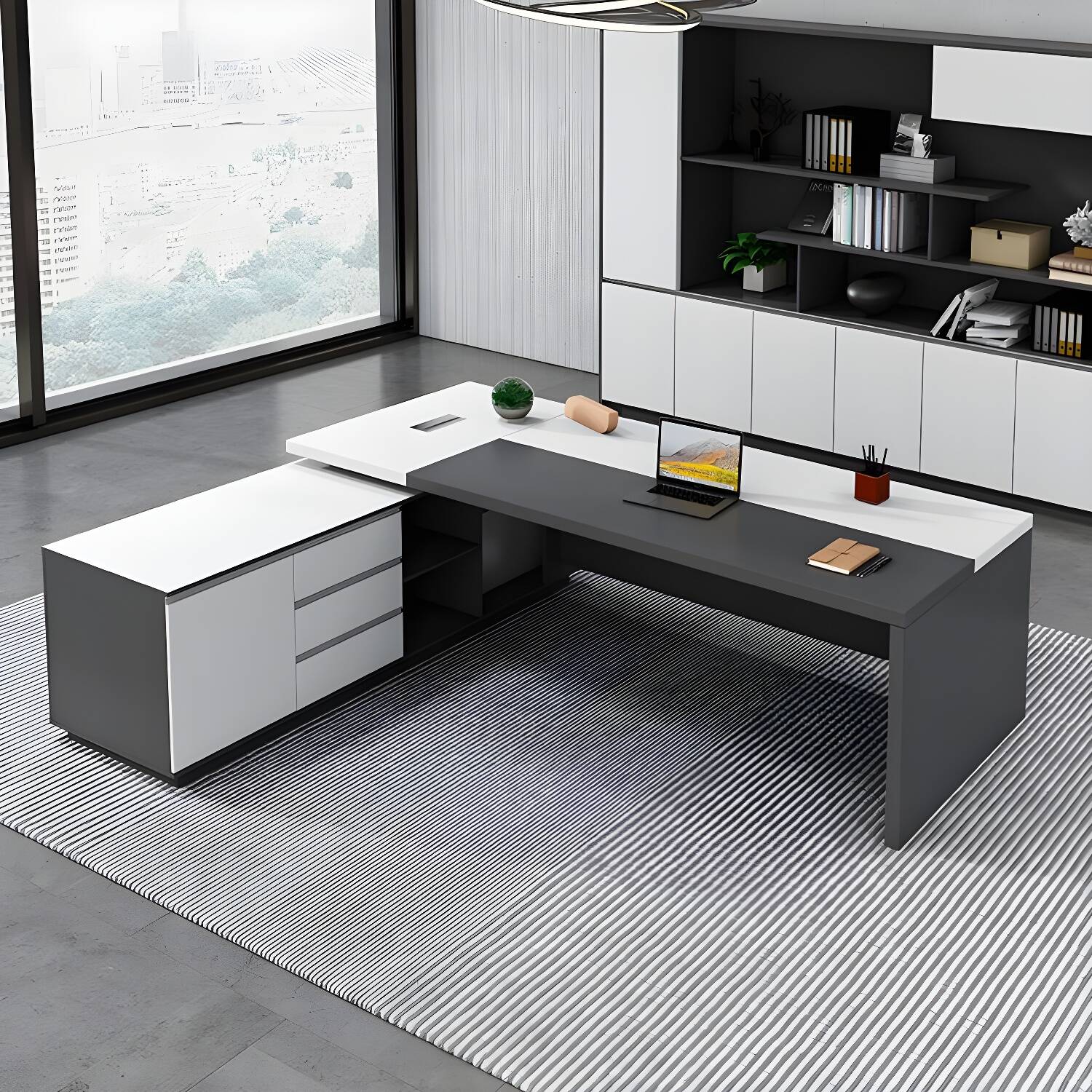 3-Drawer Wood Executive L-Shape Modern Office Desk in White, Length 240''