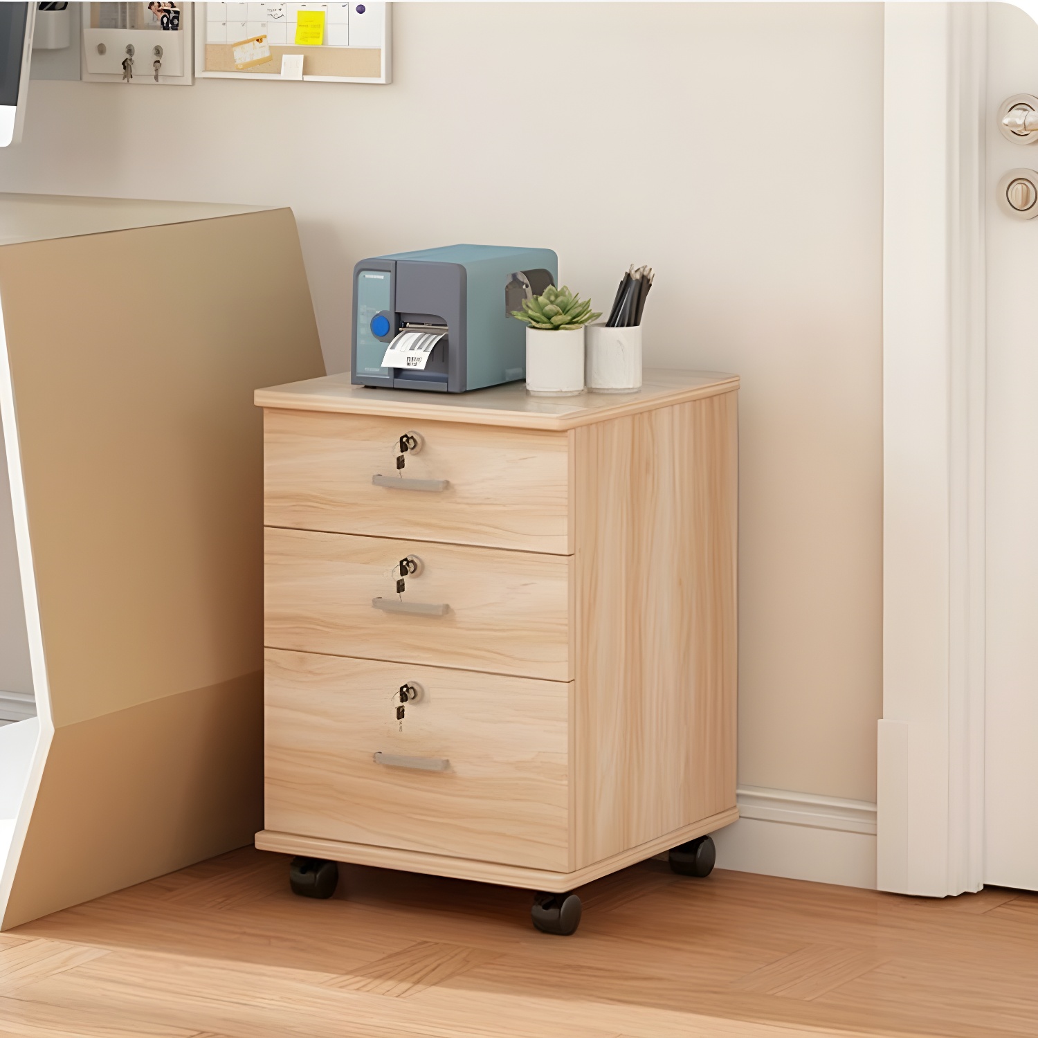 Fire Resistant Wood Storage Cabinet with Drawers, Locking Door, and Casters Included