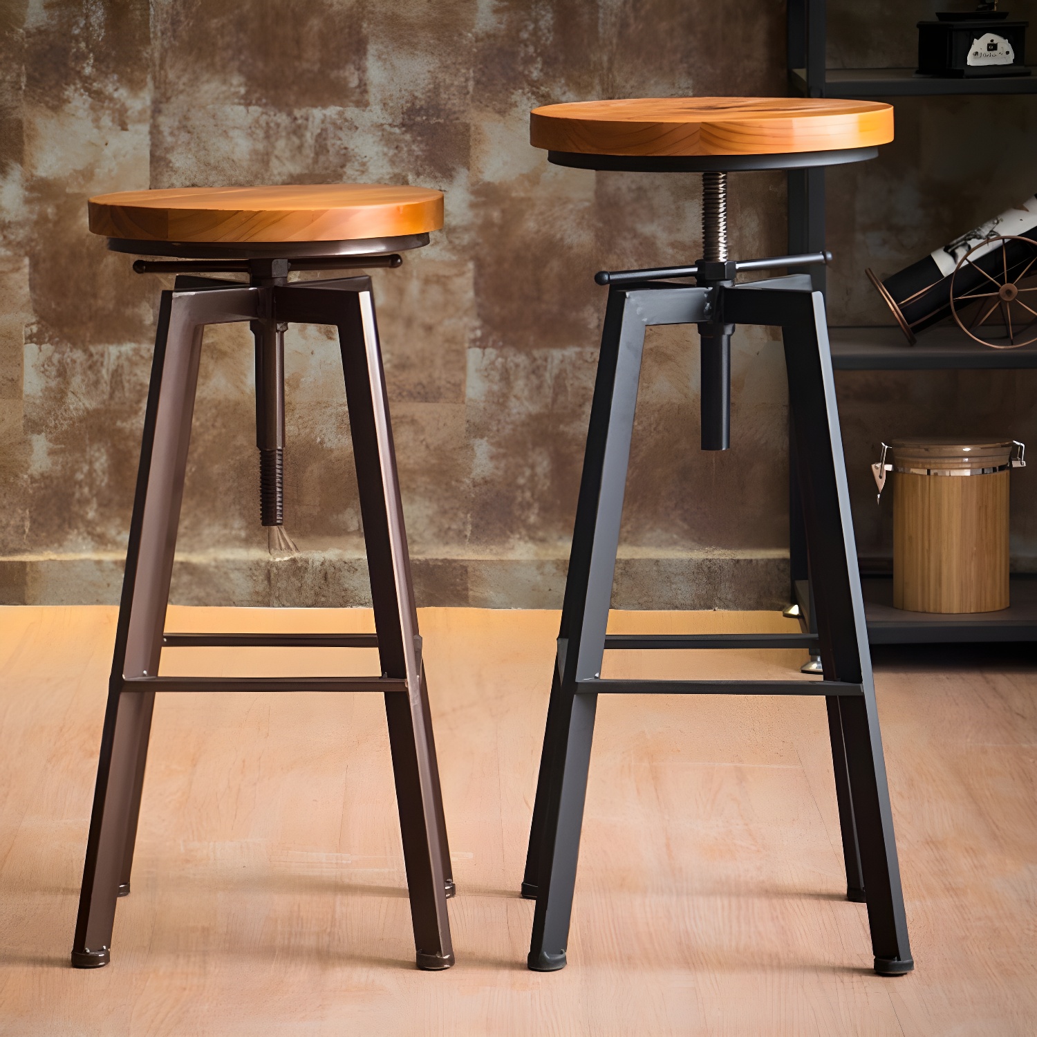 Round Brown Industrial Wood Footrest 1 Piece Brown Bar Stool