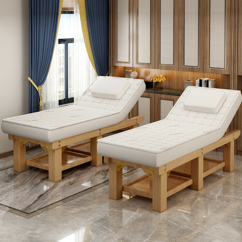 27.5" / 31.5" W x 23.6" H Facial & Massage Bed with Solid Wood Legs and Storage Shelves