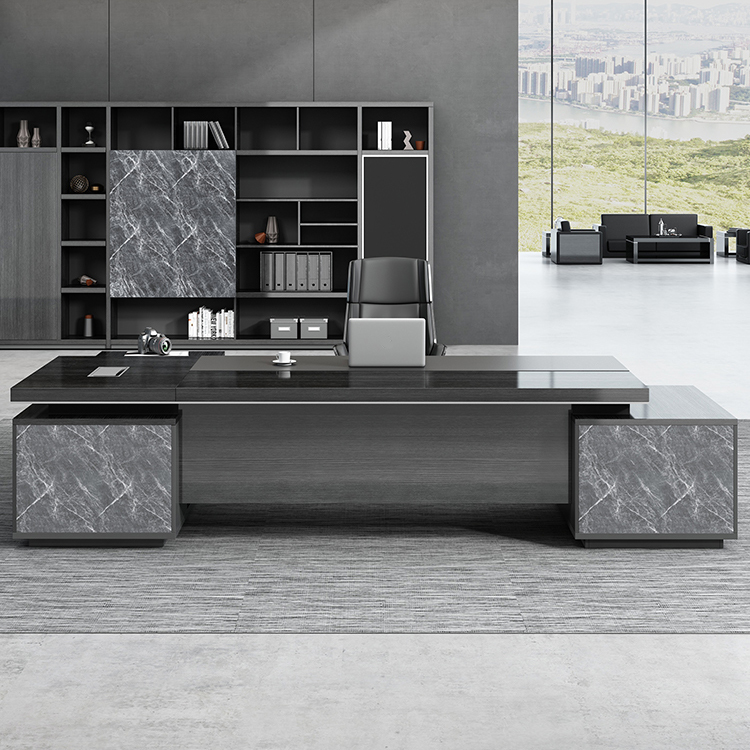 Black L-Shape Executive Desk with Storage Drawers and Exterior Shelving