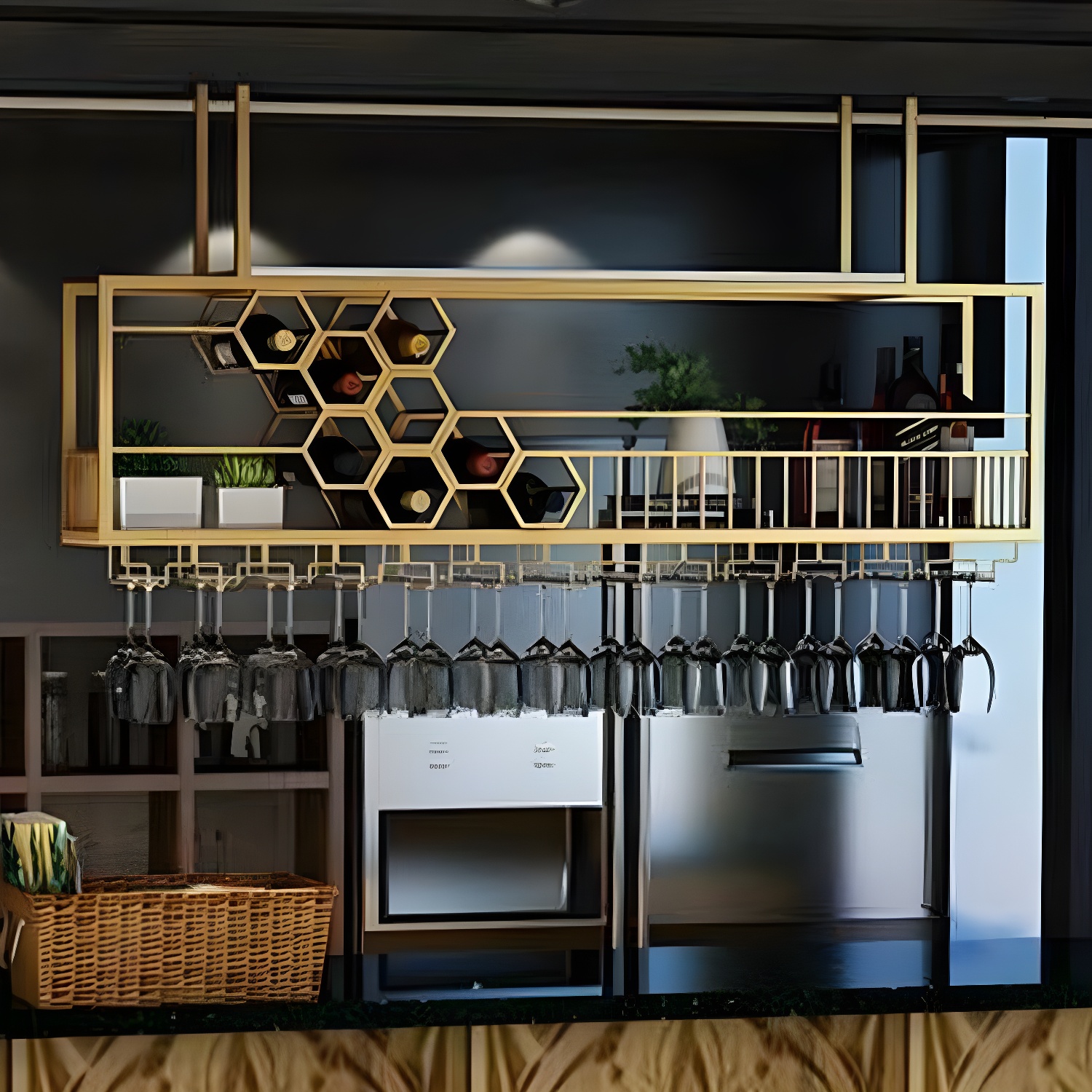 Modern Metal Hanging Wine Holder Rack with Storage Shelves for Home Use