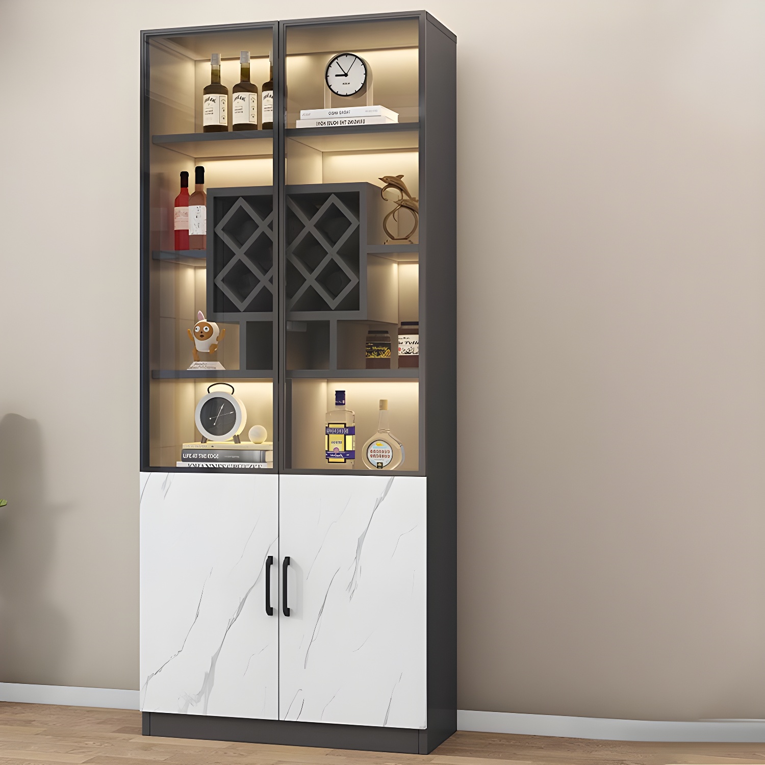 Contemporary Glass Door Display Stand with Cabinet & Wine Storage