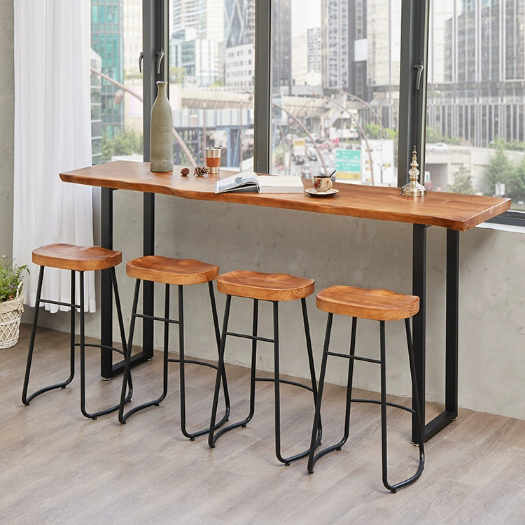 Modern Solid Wood & Metal Backless Bar Stool with Saddle Seat