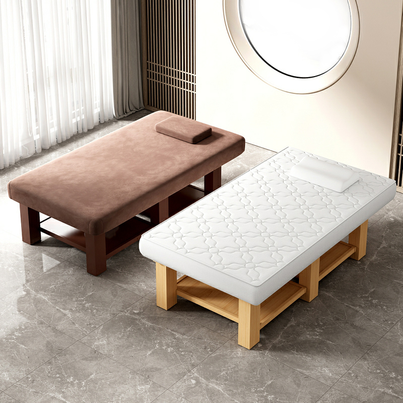 Headrest Included Massage Table with Wood Base, Upholstered Mattress