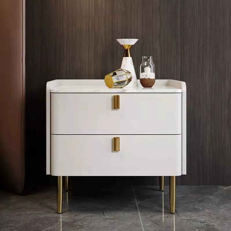 Glam Accent Table Nightstand with Two Storage Drawers and Metal Handles