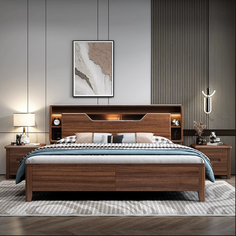 Brown Wood Bed Solid Colour Rectangle Headboard Bed Frame with Light for Bedroom