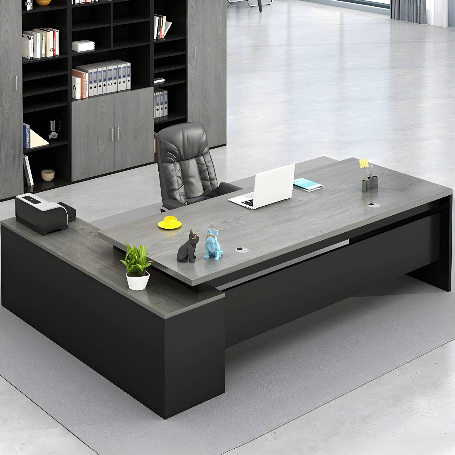 47" W Black Executive Desk with L-Shape Top and Storage Cabinet