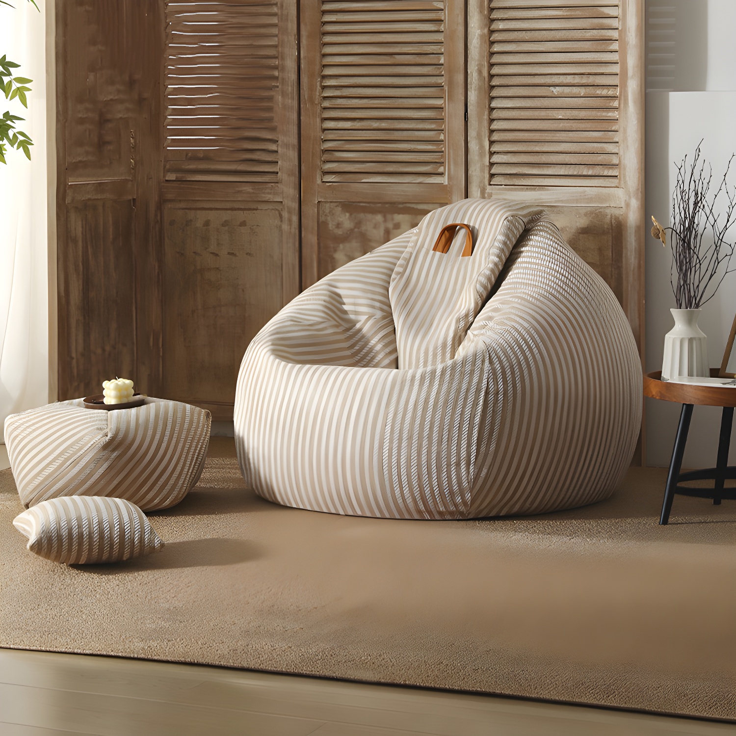 Striped Fabric Bean Bag Chair with Removable Cover for Indoor Use