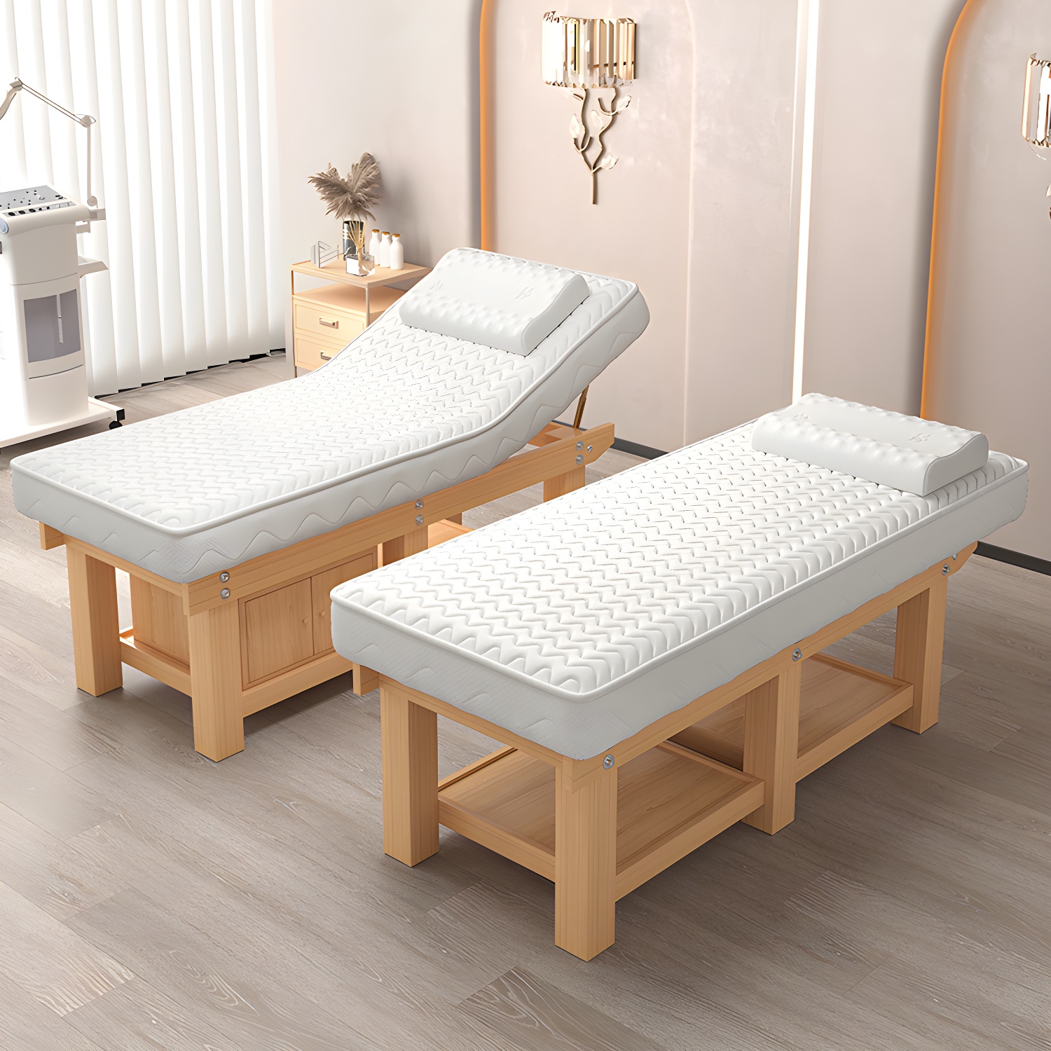 Storage Included Massage Table with Wooden Base, Adjustable Height